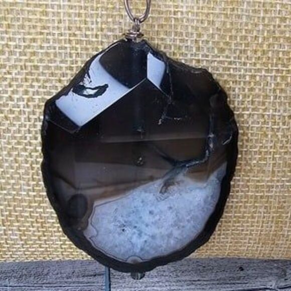 Natural Agate Quartz Stone Slice Pendant Leather Cord Natural Stone Accents 36"L - Picture 3 of 4